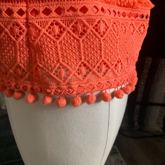 SAYLOR Bess fringe pom pom embroidered ruffle eyelet coral one shoulder - Picture 12 of 12